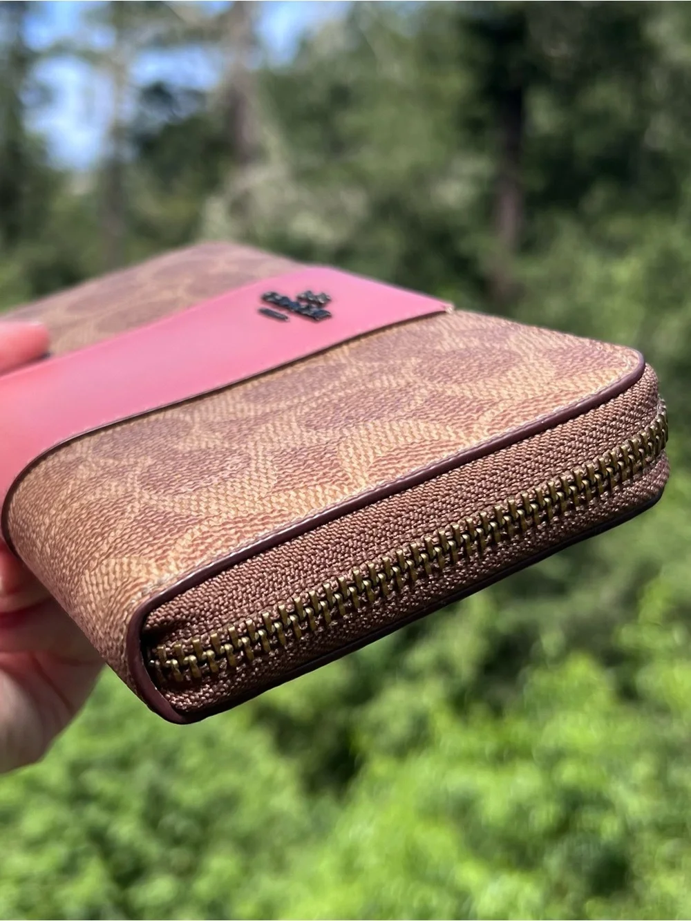 COACH Long Zip-Around Wallet Tan/Pink Signature Canvas & Leather w Gold Hardware